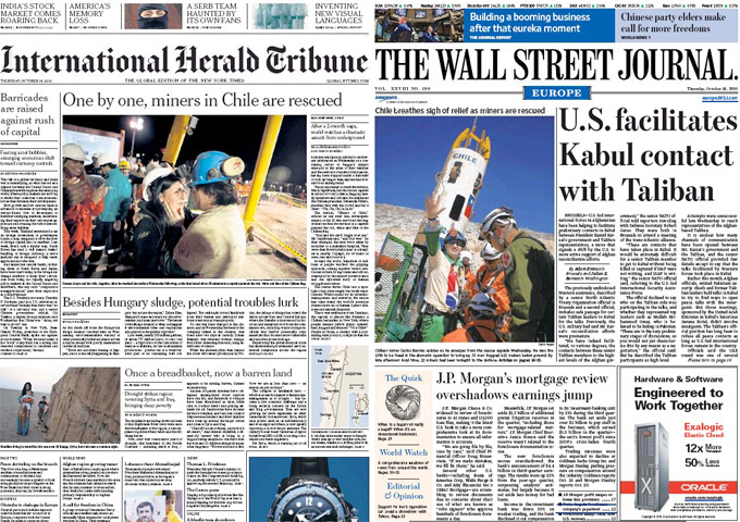 Chile Miners Fronts: International's International Herald tribune and The wall street Journal 