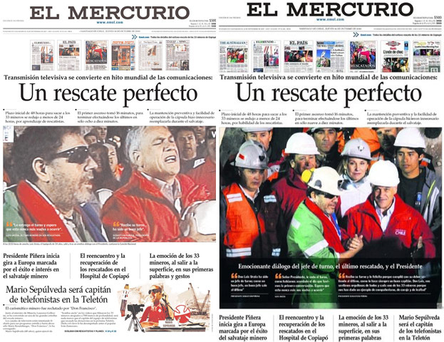 Chile Miners Fronts: Chiles El Mercurio Wednesday and Thursdays editions