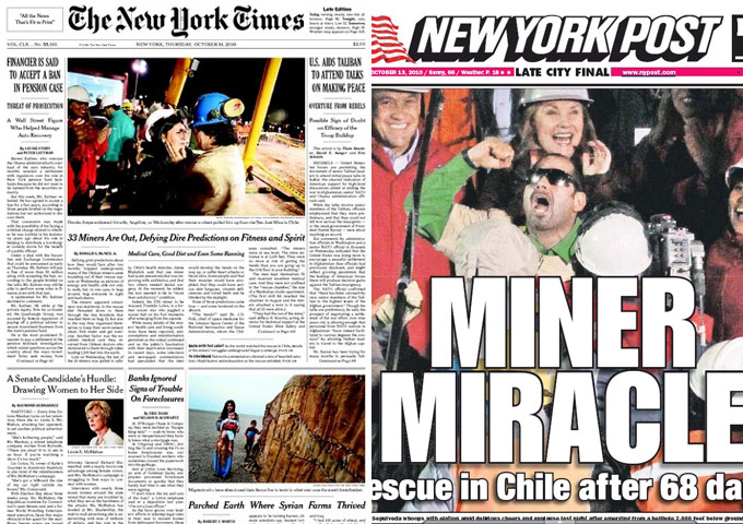 Chile Miners Fronts: America's New York papers, New York Post and New York Times 