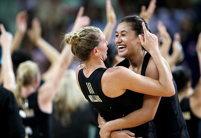 CWG final day: Maria Tutaia and Casey Williams celebrate winning netball gold