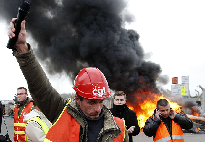 France Strikes: Christophe Hiou, worker of Total and CGT union rep, delivers a speech