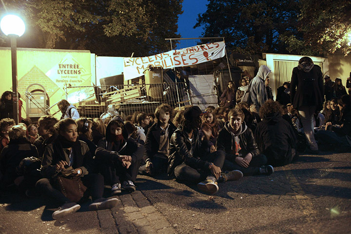 France Strikes: High school students block the entrance to a school in Paris