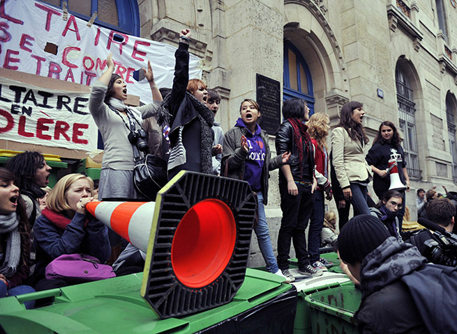 France Strikes: High school students block the entrance to the Voltaire school in Paris