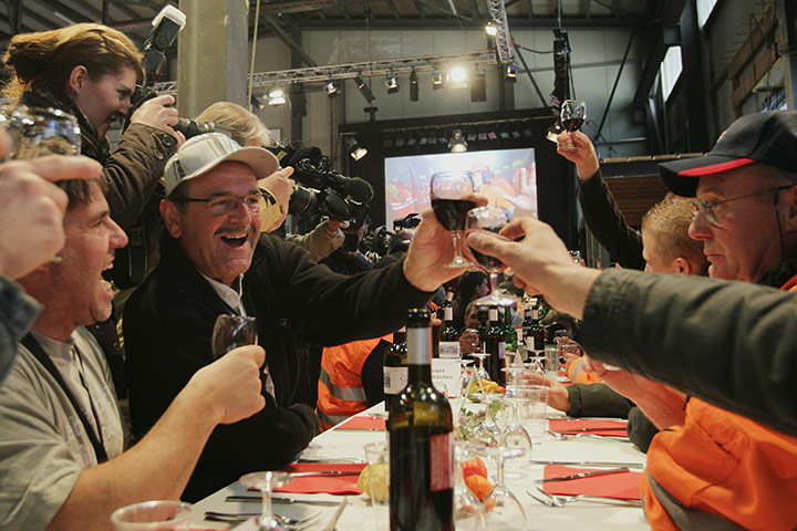 Swiss Tunnel: Workers react as they watch the finishing of the world's longest tunnel