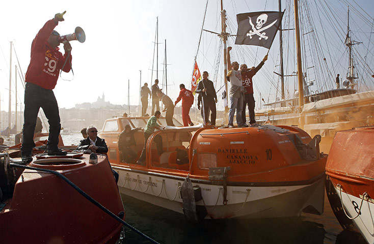 France Strike Update: French striking sailors demonstrate on a emergency boat in Marseille