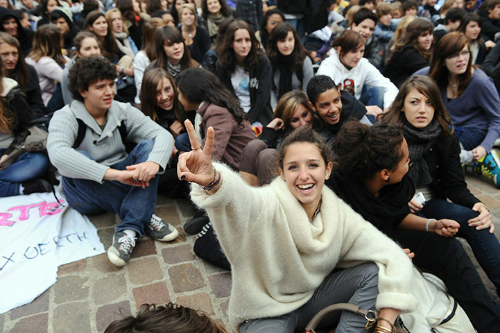 France Strike Update: High school students sit in front of the administration building Toulouse