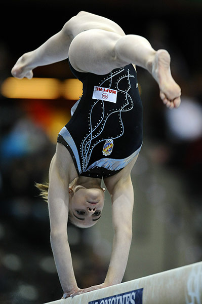 Gymnastics championships: Spain's Elena Zaldivar performs her routine on the balance beam