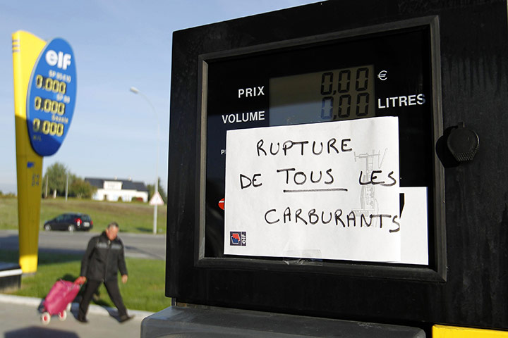 Fuel shortages in France: A placard reads No more fuel at a petrol station in Vertou near Nantes