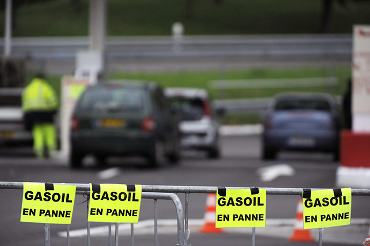 Fuel shortages in France: Banners read Diesel oil out of order at a petrol station in Lyon, France