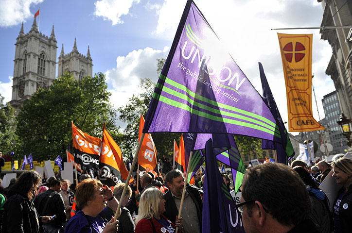 cuts protest in london: Members of various unions wave flags