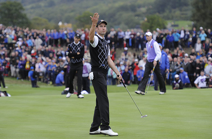 Day 2 Ryder Cup: Ross Fishers celebrates a birdie on the 4th in the fourballs