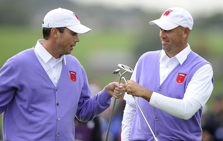 Day 2 Ryder Cup: Matt Kuchar & Stewart Cink celebrate winning the 1st hole in the fourballs 