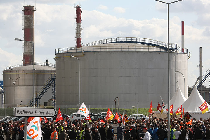 French strikes Wed: Strikers block the entrance to the Total refinery in Donges, western France