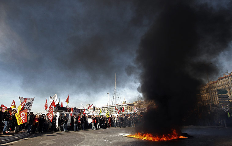 France Strike Update: Striking railway workers burn railway tracks during a demo in Marseille