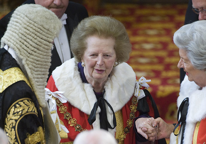 Margaret Thatcher: 2010: Former British Prime Minister Margaret Thatcher is assisted