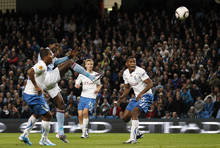 Europa League: Adebayor heads home his, and Manchester City's, second goal