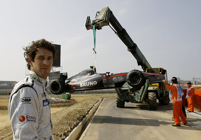 Korean Grand Prix: Hispania's Bruno Senna looks a bit sheepish after he spins off