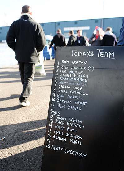 FC United: The FC United of Manchester team line up hand written on a blackboard