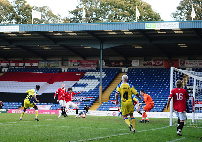 FC United: Carlos Roca of FC United of Manchester scores the winning goal 