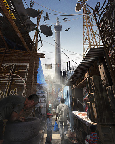 London Future images: Nelson looks down on a shanty town of climate refugees