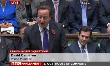 David Cameron at prime minister's questions on 27 October 2010. George Osborne is next to him.
