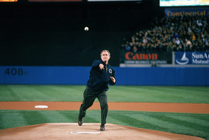 George W. Bush exhibtion: President George W. Bush throws out the ceremonial first pitch 