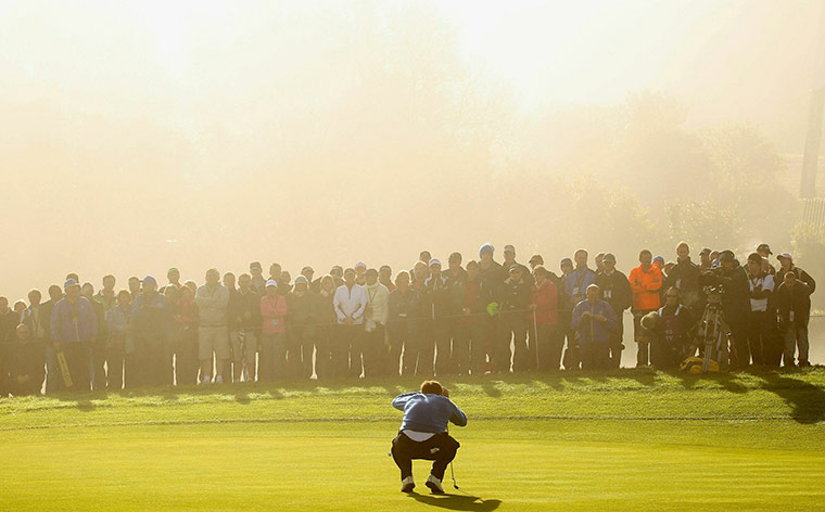 Ryder Cup Day 4: Lee Westwood of Europe lines up a birdie putt on the 4th 2010 Ryder Cup
