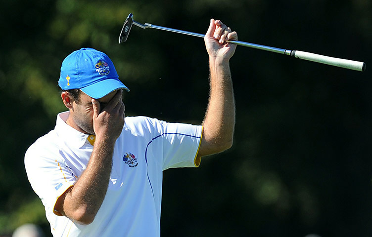 Ryder Cup Day 4: Europe Ryder Cup player Edoardo Molinari misses putt on the 4th