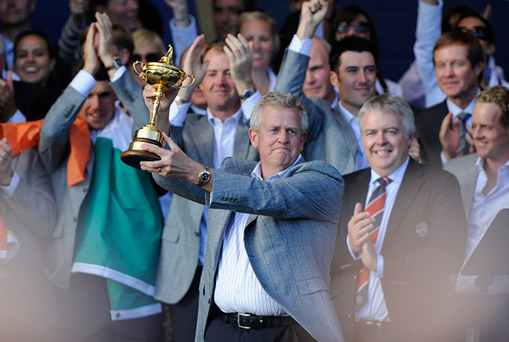 Ryder Cup 4 Jenkins: Colin Montgomerie with the trophy at the closing ceremony Ryder Cup 2010