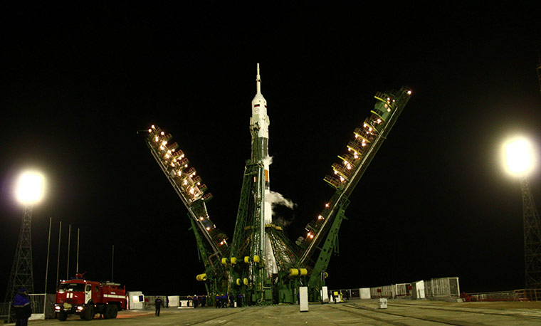 Launch Space Station: A Russian Soyuz TMA-01M rises before the ISS launch