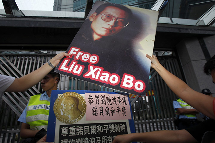 Nobel prize: Protesters demonstrate outside the Chinese Foreign Ministry in Hong Kong