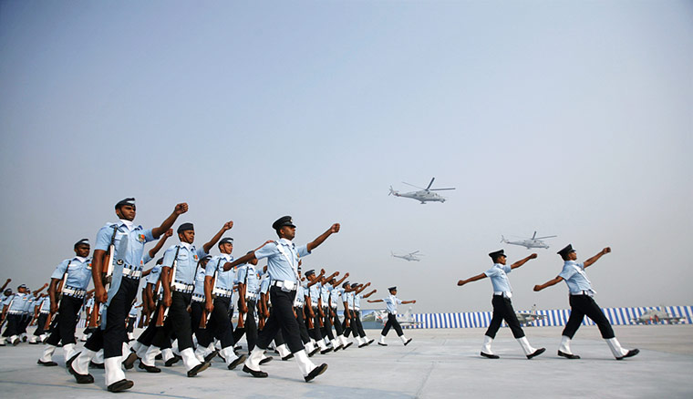 24 hours in pictures: Iaf Soldiers March During The Indian Air Force Day Celebrations