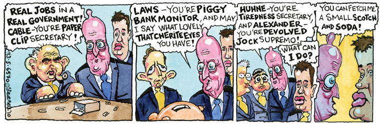 Bell on Cameron: 13 May 2010: David Cameron hands out jobs to the Lib Dems.