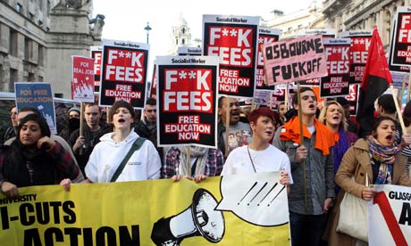 Students and teachers gather in central London to protest against university funding cuts.