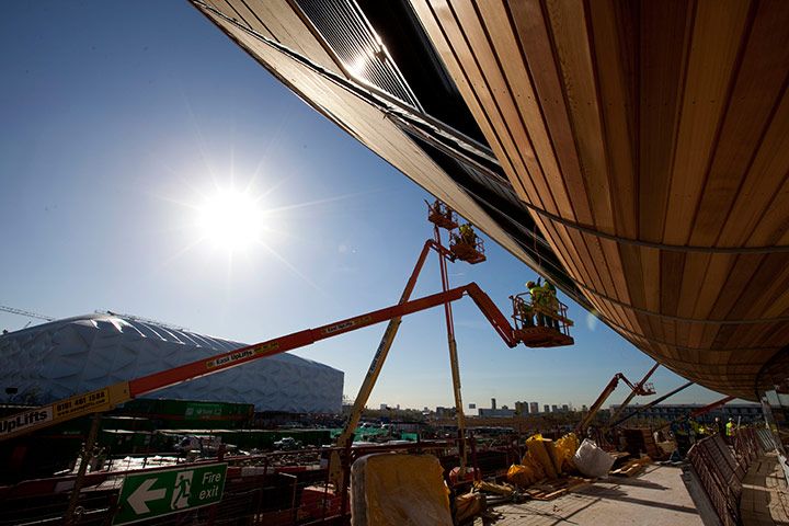 Olympic Site: The Velodrome has wood panels added and varnished for London 2012 Olympics