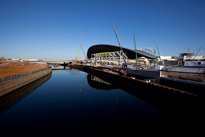 Olympic Site: The River Lee runs past the London Olympics 2012 Aquatics Centre 