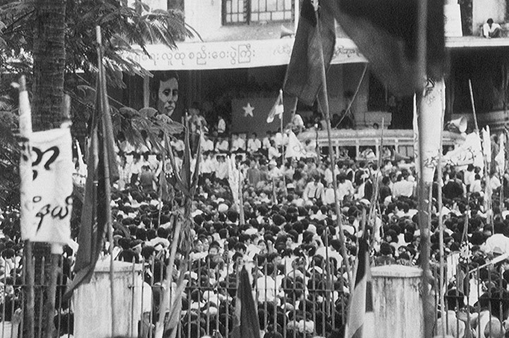 Aung San Suu Kyi release: 1988: Demonstrators listen to Aung San Suu Kyi, speaking in Rangoon