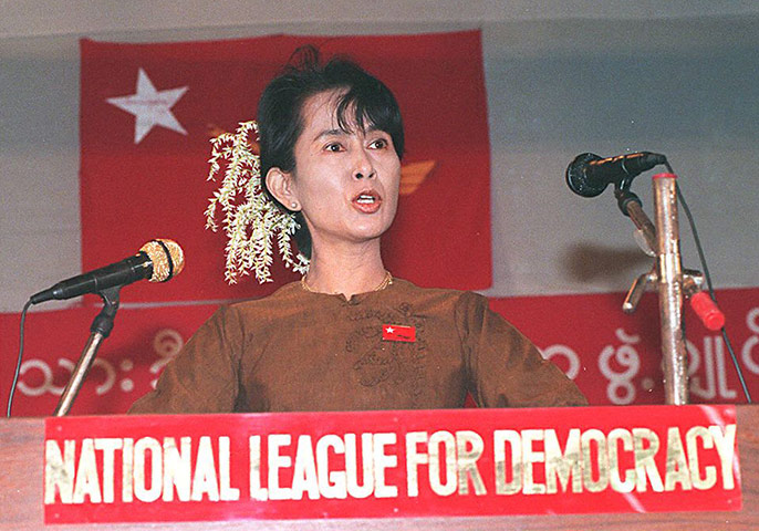 Aung San Suu Kyi release: 1997: Aung San Suu Kyi addresses supporters at her Rangoon residence
