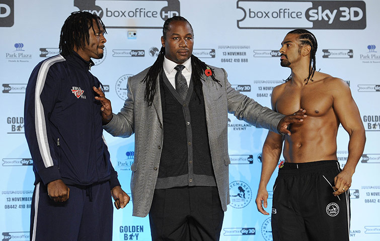 Haye v Harrison: Harrison and Haye pose with the ex-world champion Lennox Lewis