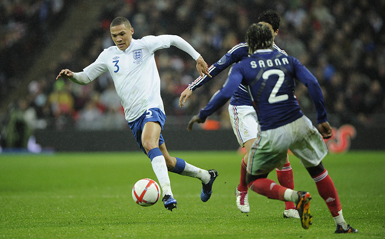 England v France: Keiran Gibbs beats his Arsenal team-mates Nasri and Sagna