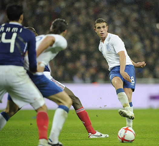 England v France: Jordan Henderson slides the ball towards fellow debutant Andy Carroll