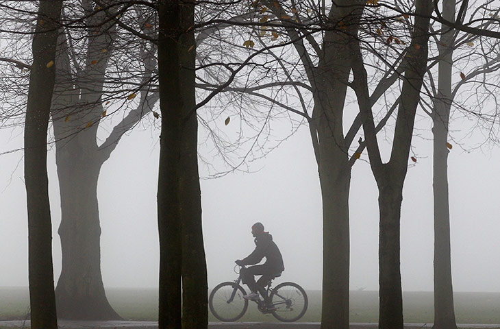 24 hours in pics: A man cycles through a foggy tree lined avenue Victoria Park in Leicester