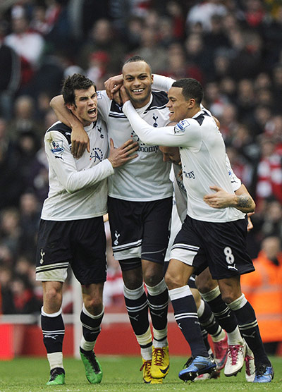 Arsenal v Spurs: Younes Kaboul, Gareth Bale and Jermaine Jenas celebrate after Kaboul scored