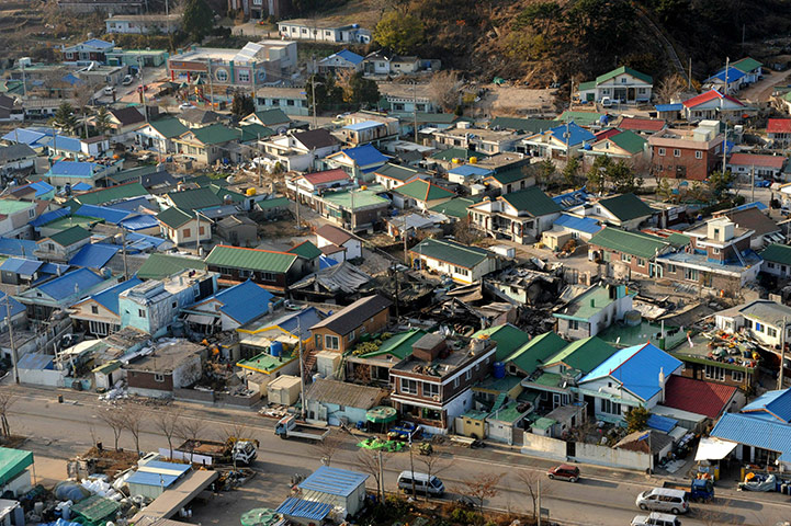 Yeonpyeong island : Destroyed houses are seen on Yeonpyeong