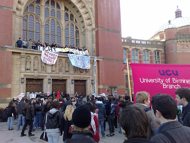 Pictures by students: Student protesters on the balcony of the Aston Webb building at Birmingham