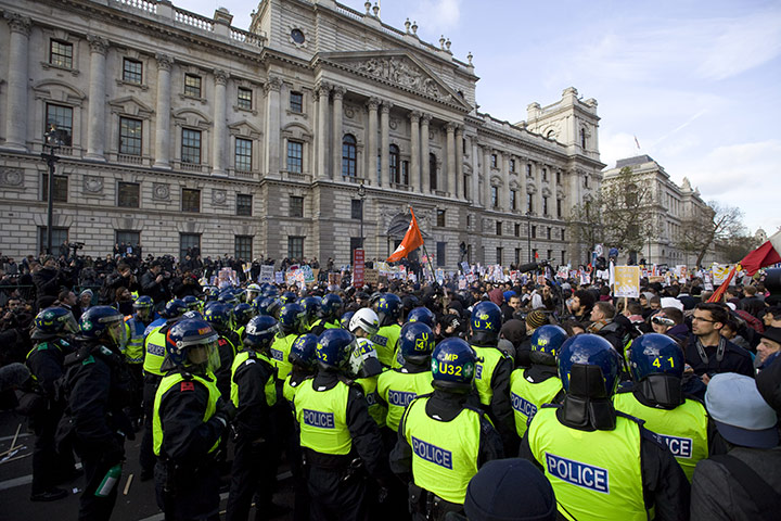 Student protests: Riot police and students clash in Whitehall, London