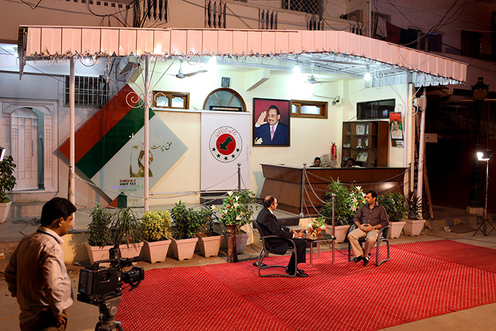 Karachi Pakistan: Mustafa Kamal gives at interview outside 'Nine Zero', the party's HQ