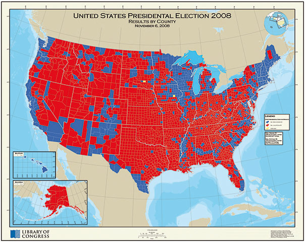 Mapping America: Results by county in the United States presidential election 2008