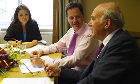 Nick Clegg's speech writer Polly Mackenzie with the Lib Dem leader and Vince Cable