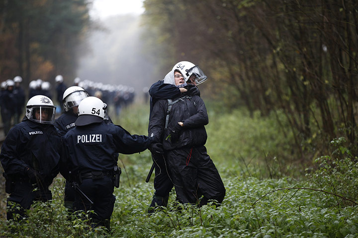 Anti-nuclear protests: Police officers detain an anti-nuclear activist at Leitstade